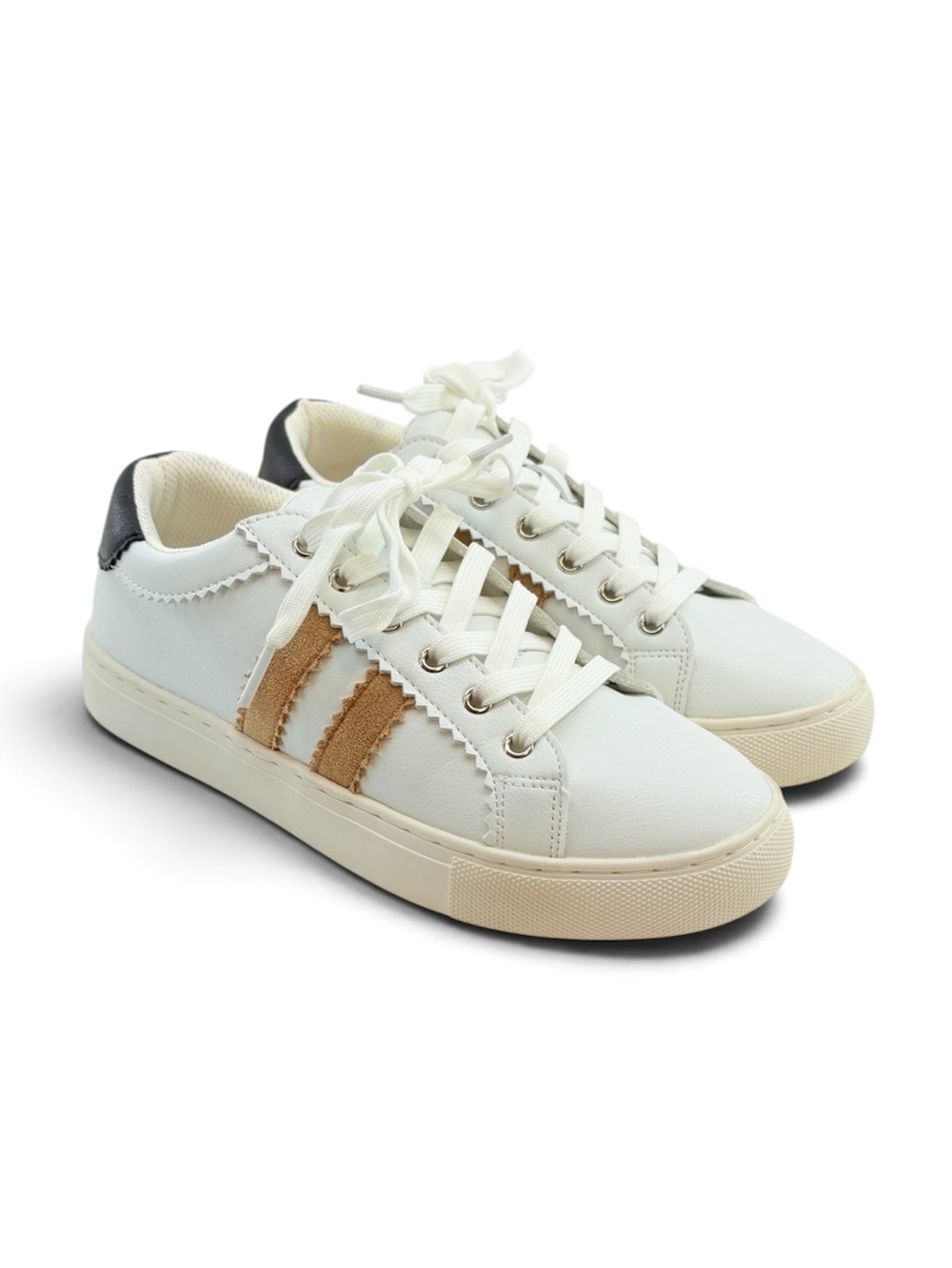 Corkys Hey Girl Showtime Neutral White Sneakers Tan Stripes Black Heel Size 6